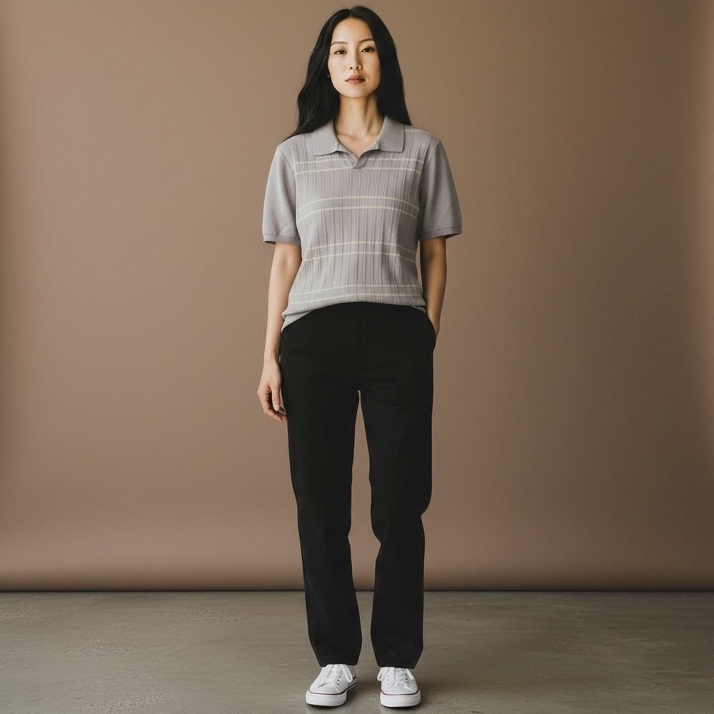 Good‎ Man Brand Women's Knit Polo Shirt Gray Plaid Short Sleeve Size XL